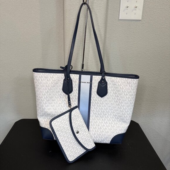 Michael Kors Eva MK Signature PVC Ombre Blue Multi Large Tote with Pouch NICE!! - Picture 1 of 15